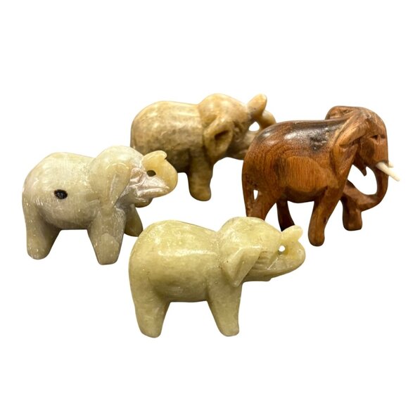 Hand-Carved Elephant Figurines Set Of 4 Stone Miniature Animal Sculptures - Picture 1 of 4